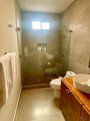 A bathroom with a glass-enclosed shower, a toilet, and a sink with a wooden vanity.