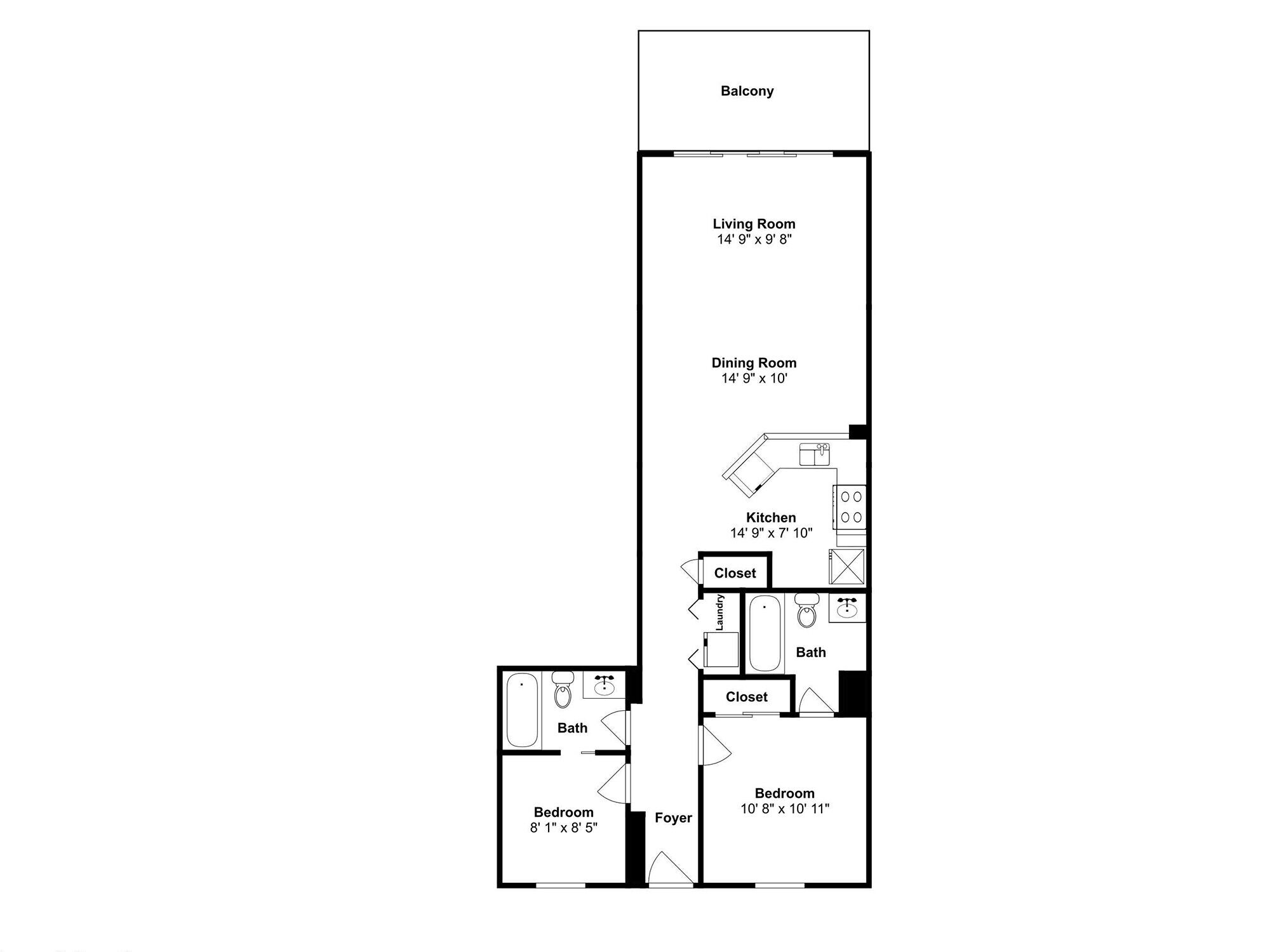 A floor plan of a hotel room with a balcony, living room, dining room, kitchen, two closets, a bathroom, a bedroom, and a foyer.