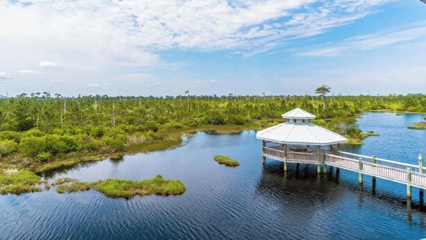 A gazebo on a pier over calm water surrounded by dense greenery. - Beach Condo, Lake Views! (Orange Beach)