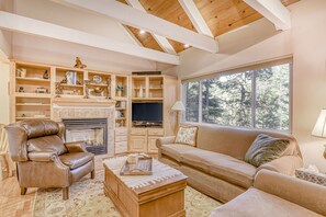 TV, fireplace, books