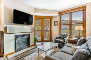 TV, fireplace, books