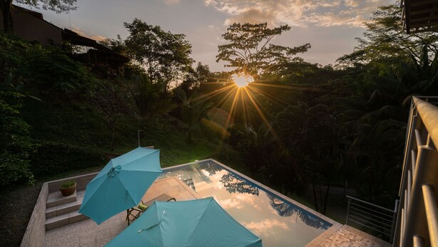 An infinity pool with a clear view of the sunset, surrounded by lush greenery and a few umbrellas. - Parrot-dise Perch, 3BD, Heart of Manuel Antonio (Quepos)