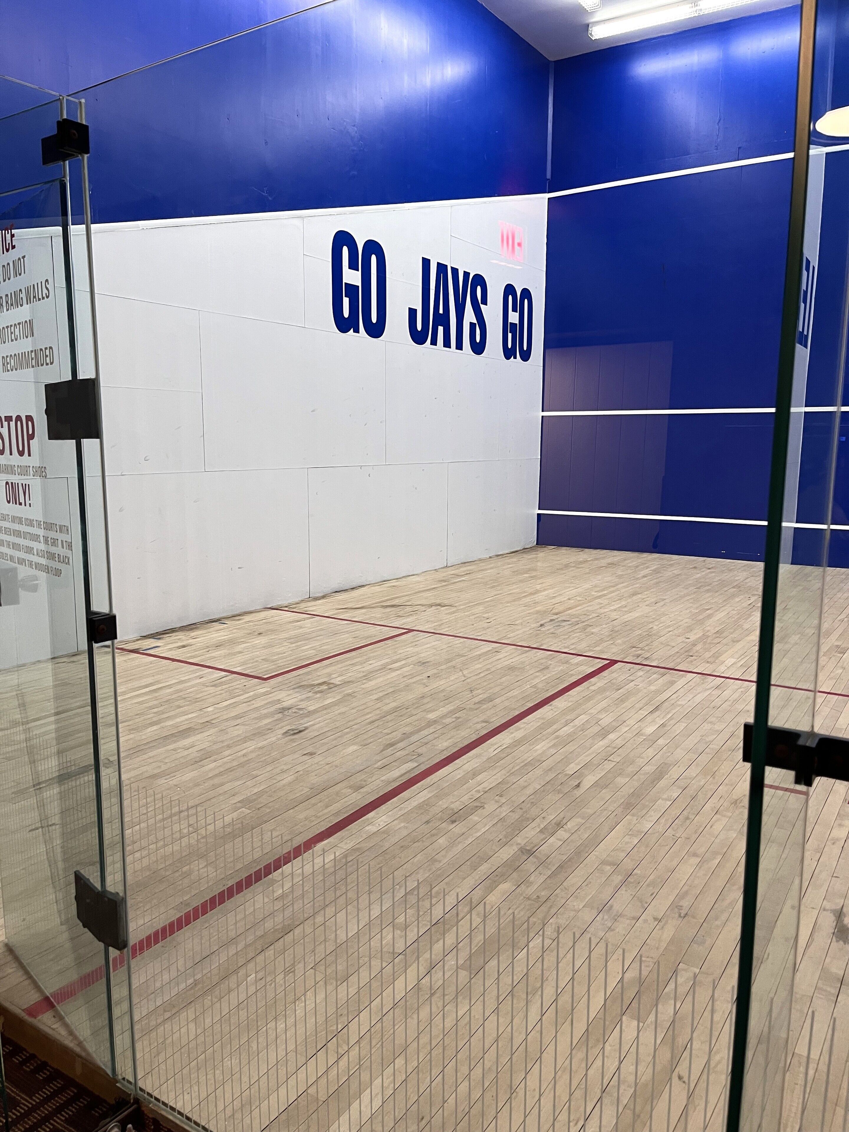 A squash court with a blue and white wall, a glass door, and a wooden floor with red lines.