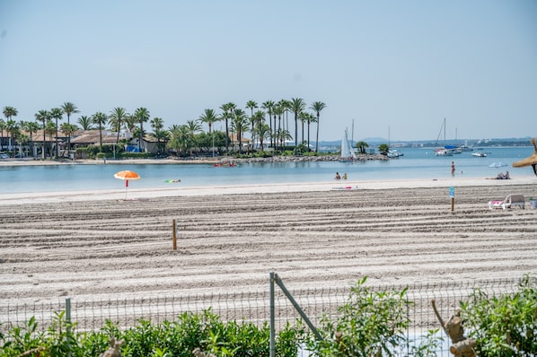Une plage avec une clôture, des palmiers et des bateaux sur l’eau.