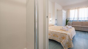 A bedroom with a bed, a sofa, and a bathroom visible through an open door. - Studio Apartment 'Villa Erica Appartamento Lesley' with Mountain View, Wi-Fi and Air Conditioning (villa san pietro)