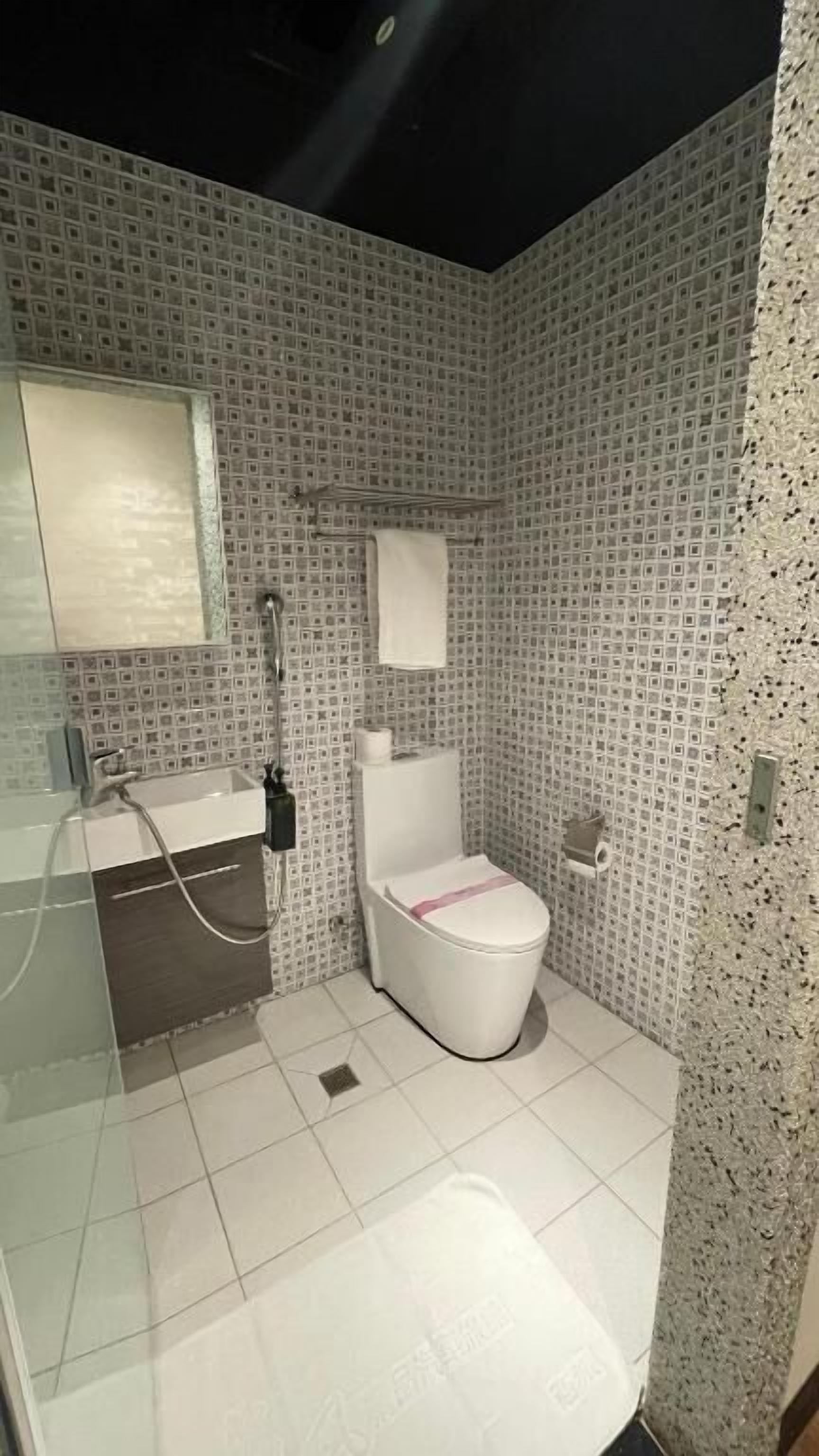 A small bathroom with a toilet, sink, and shower.
