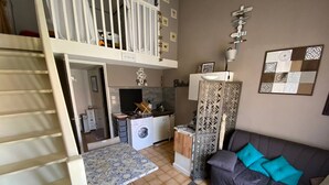 A compact living space with a kitchenette, a washing machine, a dining area, and a sofa with cushions.