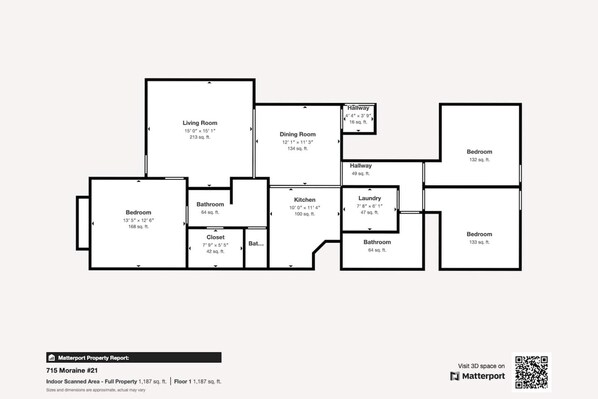 Een plattegrond van een pand, 715 Moraine #21, met een woonkamer, eetkamer, keuken, twee slaapkamers, een badkamer en een wasruimte.