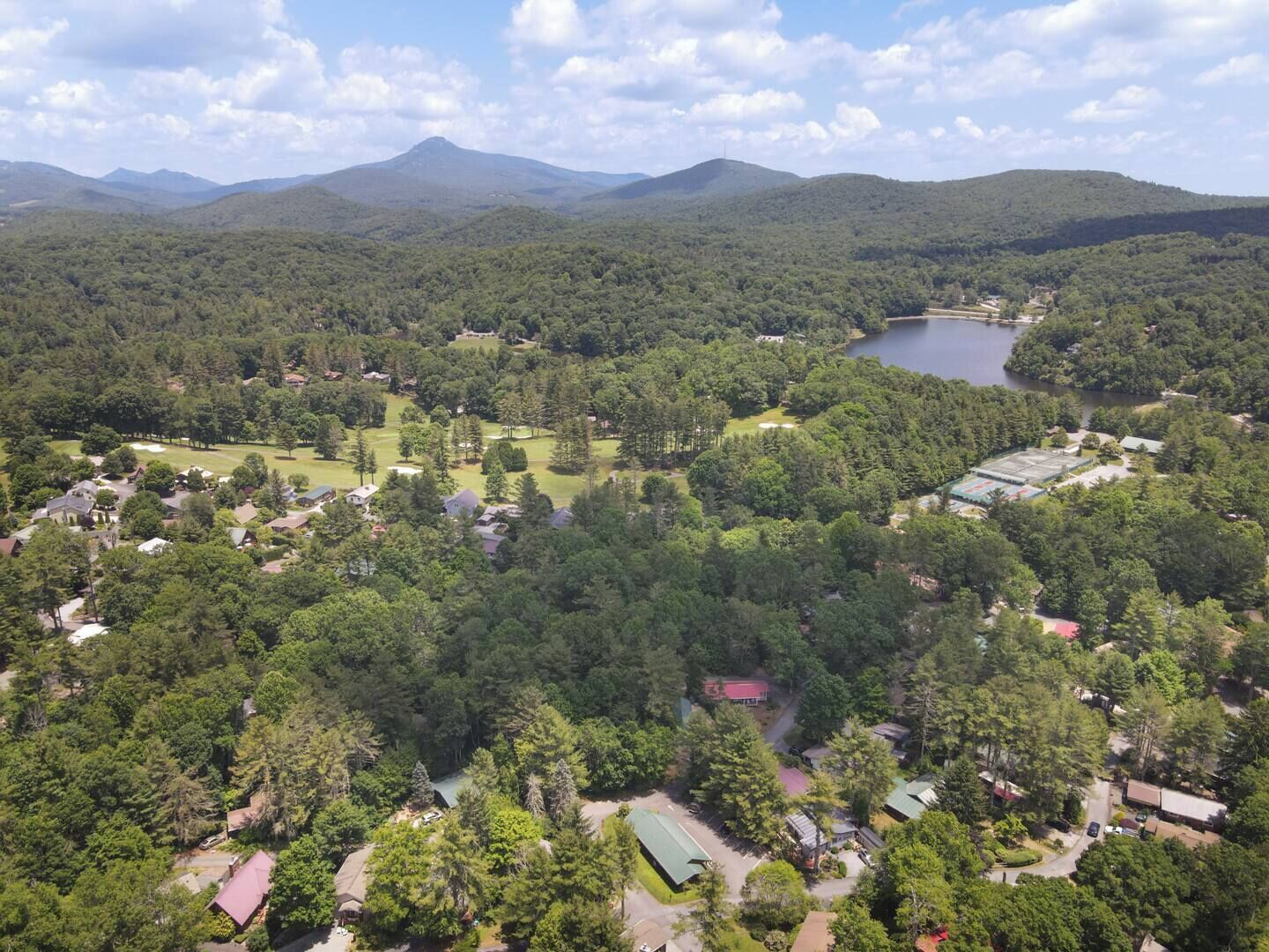 Vista aérea de um bairro residencial com casas, campo de golfe e um lago.