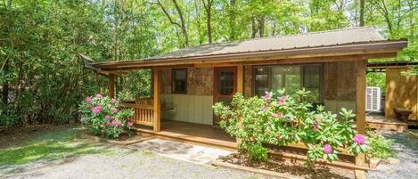A wooden cabin with a porch, surrounded by greenery.