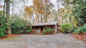 A rustic cabin with a porch, surrounded by trees and gravel path.