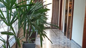 A hallway with potted plants, a shiny marble floor, and a view of a room with a large window and curtains. - Jay Clarks Exotica (Nahan)