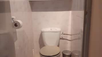 Chuveiro, secador de cabelo, toalhas de banho, sabonete