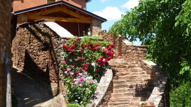 A stone staircase leading to a building with a wooden roof.