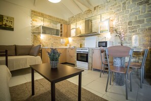 Traditional Apartment 2, 1 Bedroom | Private kitchen | Full-sized fridge, coffee/tea maker, electric kettle, freezer - Acrocorinth Apartments (Corinth)