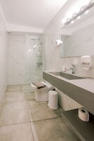 Ducha, cabezal de ducha tipo lluvia, secador de pelo, toallas