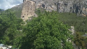 A mountain with a stone tower and lush greenery. - Charmant Appartement de Village (La Brigue)