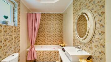 Combined shower/tub, hair dryer, towels, soap