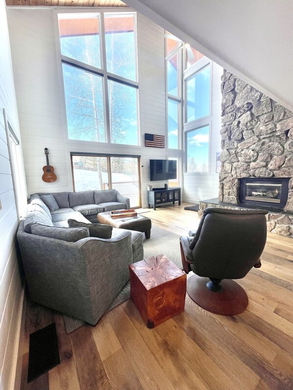 Smart TV, fireplace, books