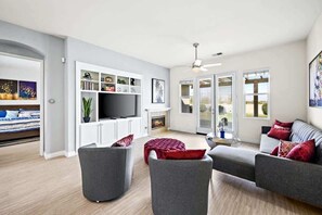 TV, fireplace, offices