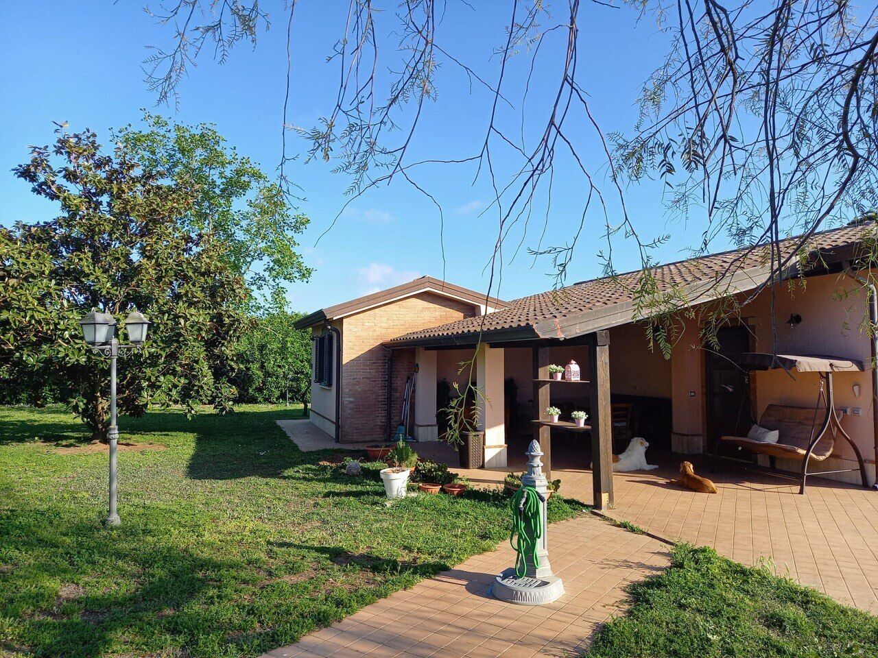 Una casa con portico coperto, prato e un cane.