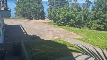 A paved driveway leading to a grassy area with a view of the sea and trees.