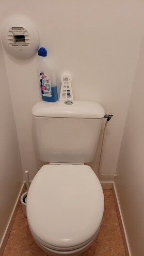 A toilet with a white seat and tank, a blue bottle of hand soap, and a white bidet head. - Appartement Avec Terrasses, Équipements Entièrement Neufs (Crozon)