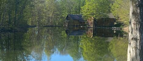 Una cabaña junto a un lago tranquilo con un cartel que indica 'No se permite bañarse'.