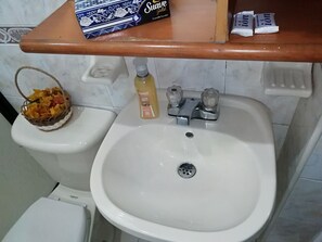 Regadera, toallas, jabón, papel de baño 