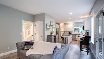 Smart TV, fireplace, foosball, books