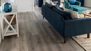 A spacious living room with a large blue sofa, a small side table, and a television mounted on the wall. - Oceanfront beach cottage panoramic views spectacular sunsets sandbars warm water (Pictou)