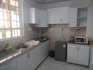 Kühlschrank, Mikrowelle, Herdplatte, Wasserkocher