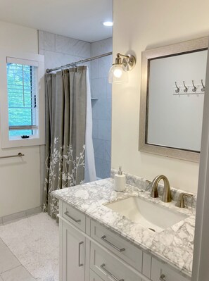 Combined shower/bathtub, hair dryer, soap, toilet paper