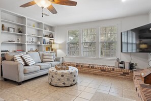 Smart TV, fireplace, books