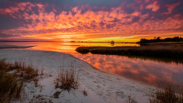 A sunset over a calm water body with a sandy shore and some vegetation.
