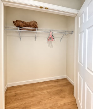 Un placard avec une étagère en métal, une tringle pour suspendre les vêtements et un plancher en bois.