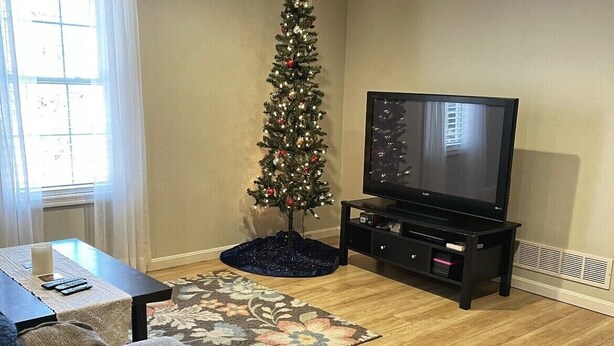 Un salon avec un plancher en bois, une télévision, un sapin de Noël, un canapé et une table basse.