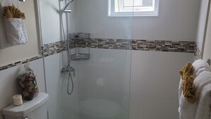 Un baño moderno con ducha de vidrio, inodoro y lavamanos.