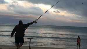 A beach scene with a person fishing by the sea, another person standing in the water, and a cloudy sky. - Perfect in Pataua (Pataua North)