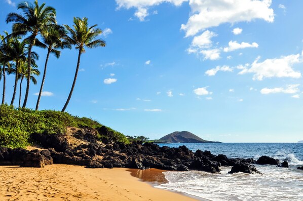 A beach with palm trees, rocky shoreline, and a distant mountain. - Renovated Kihei Condo Impressive Sunset Views Across Kamaole Beach Pool (Kihei)