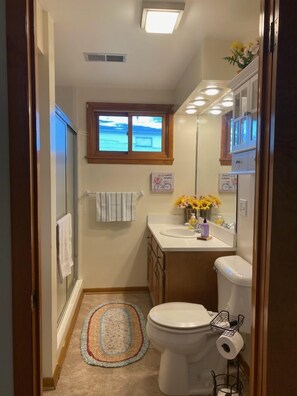 Shower, towels, soap, toilet paper