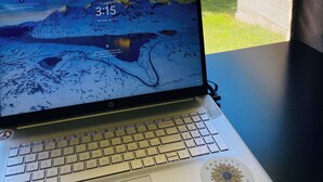 Ein Laptop auf einem Tisch, mit Blick auf einen Garten durch ein Fenster.