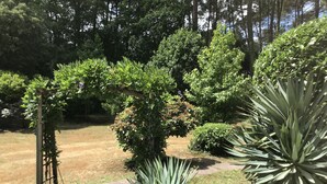 A garden with a paved walkway, various shrubs, and a wooden trellis. - Family house with arge garden - peaceful & close to Arcachon Bay - sleeps 6 (Gujan-Mestras)