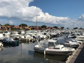 Una marina con numerosos barcos amarrados en aguas tranquilas, rodeada de edificios y árboles.
