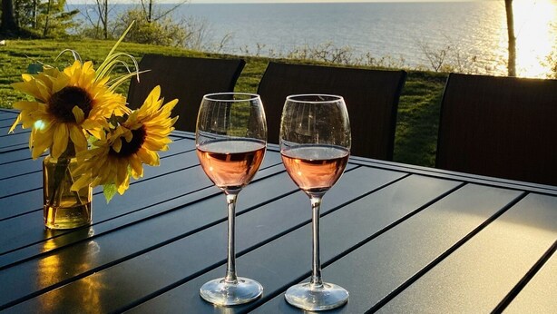 Een tafel met twee wijnglazen en een vaas zonnebloemen, voor een achtergrond van water en bomen.