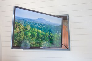 Ein an der Wand befestigter Fernseher zeigt eine Landschaftsdarstellung.