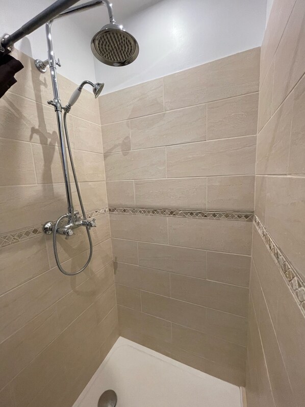 A shower with a handheld showerhead and a handheld hose.