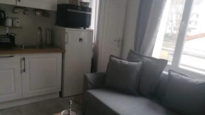 Ein kompakter Wohnraum mit Küchenzeile, einem grauen Sofa und einem Fenster mit Tageslicht.