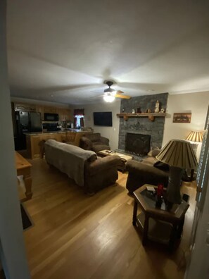TV, fireplace - Eagle Mountain River Retreat 4/3 Pool Table, Jacuzzi & more (Ellijay)