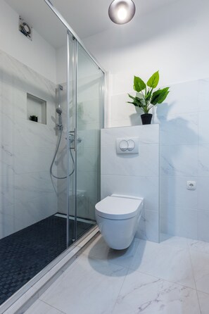 Baignoire, séchoir à cheveux, serviettes fournies, savon